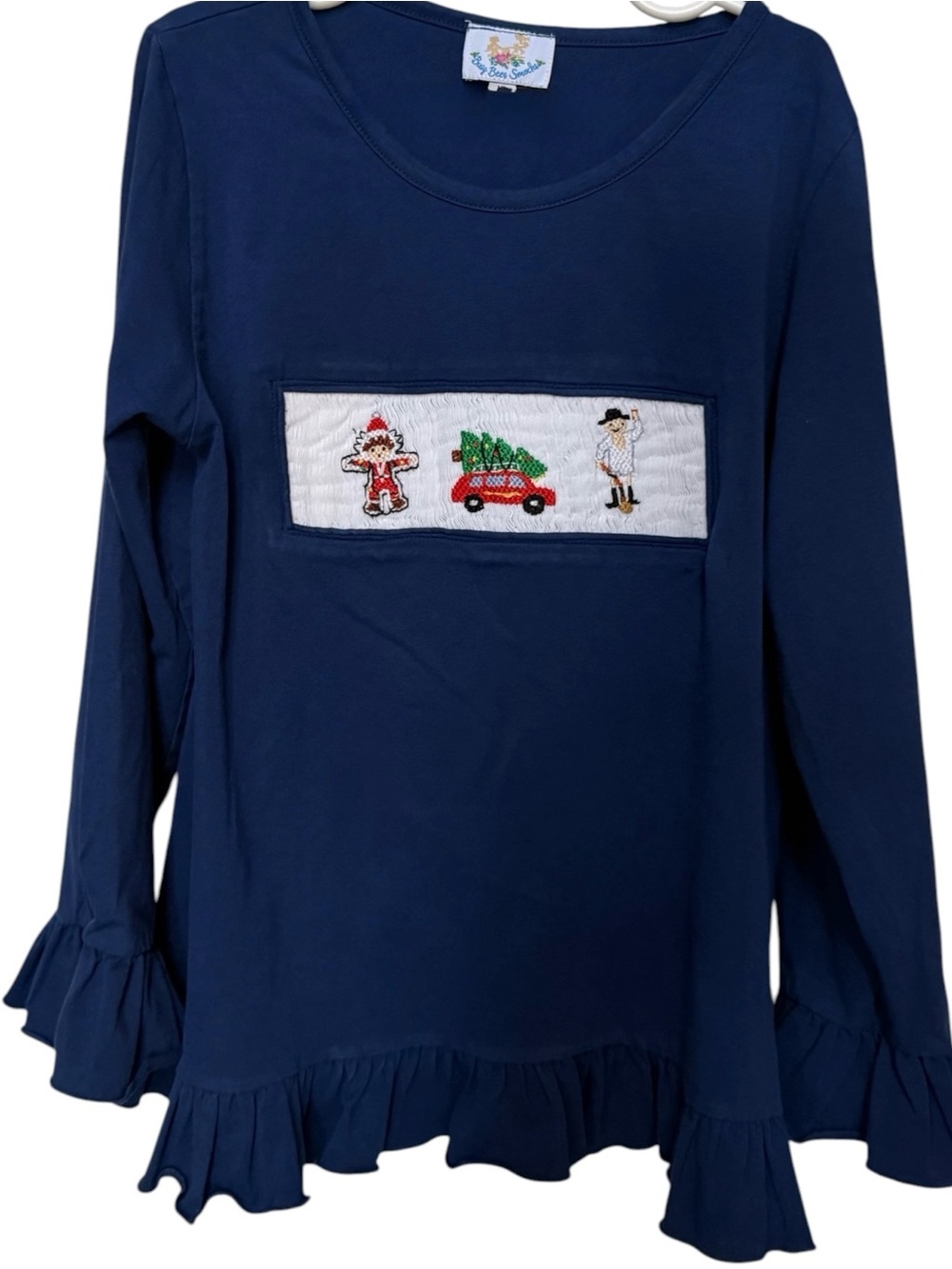 Busy Bees Smocked Christmas Top Girls Size 10 Blue Ruffle Hem Santa Tree Car